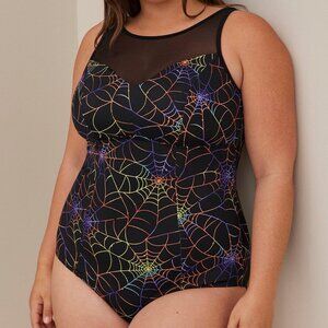 NWT Torrid Black Rainbow Spider Web Wireless Mesh High Neck One Piece Swimsuit